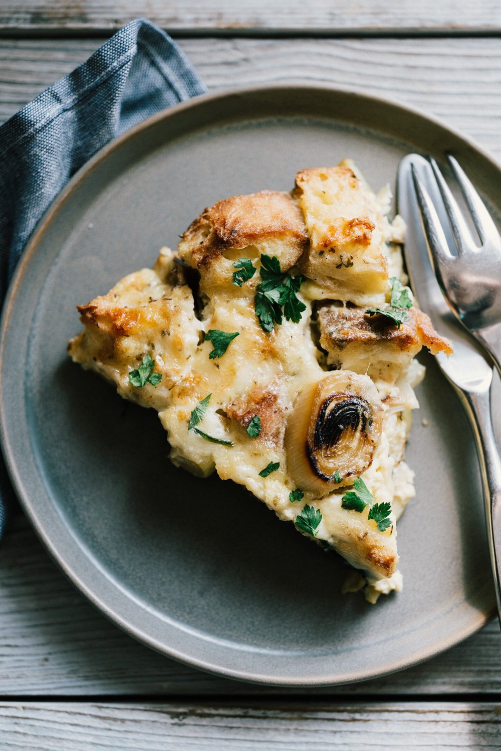 MUSHROOM, LEEK + GRUYERE STRATA